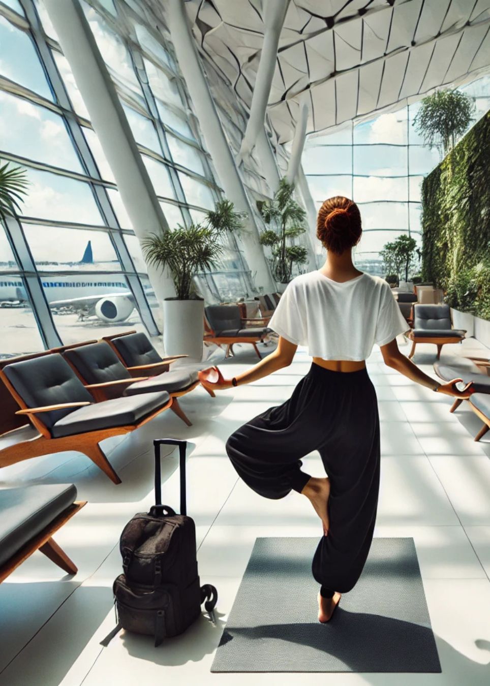 voyageuse en posture de yoga dans un aeroport